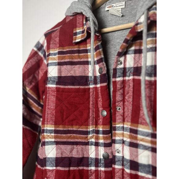 NWT Dickies Plaid Flannel Hooded Shirt Jacket Sz XS Womens Red Western Boho - Picture 2 of 14